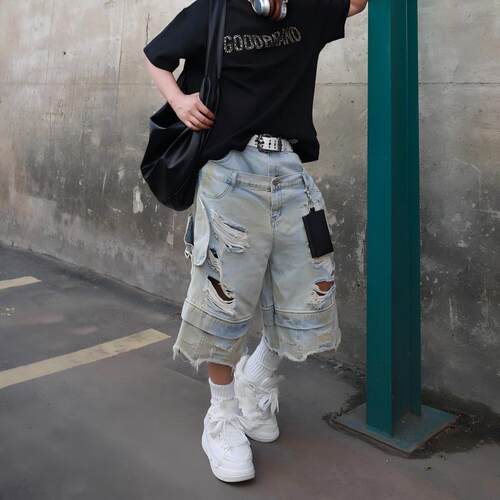 美式高街复古双腰头七分裤男