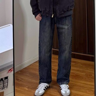 适配深蓝垂坠感潮男直筒牛仔长裤 做旧水洗工艺四季 高街加长裤 美式
