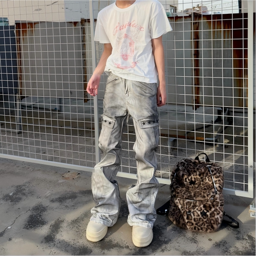 美式高街复古做脏微喇牛仔裤男女百搭堆积感直筒长裤阔腿喷脏潮牌