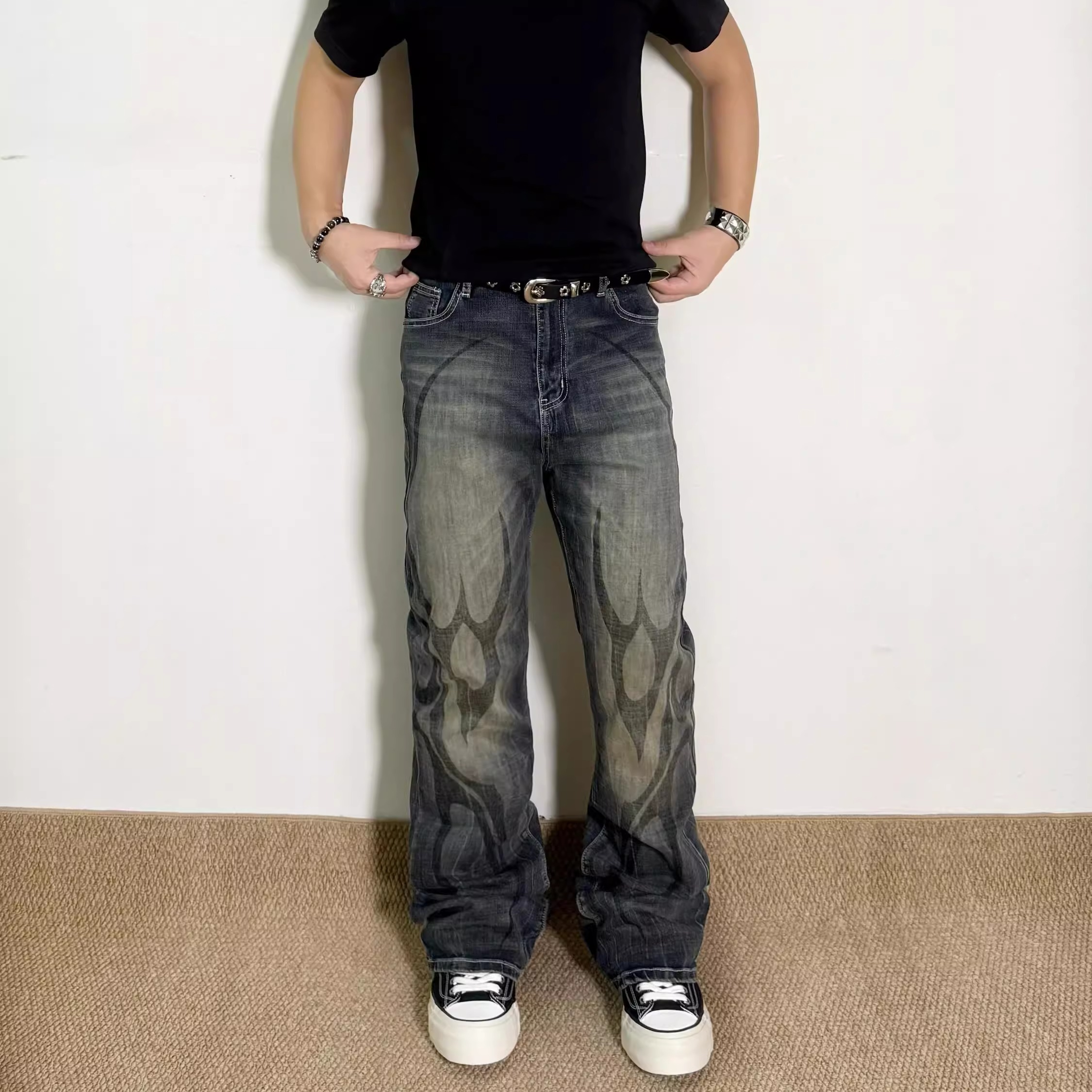 日常牛王图腾印花设计感牛仔裤子