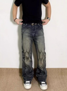 美式日常牛王图腾印花设计感微喇牛仔裤男休闲vibe宽松休闲长裤子