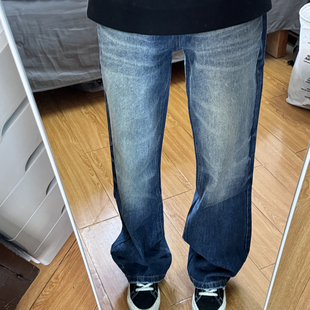 高街休闲潮流裤 型做旧复古牛仔长裤 适配微喇宽松版 水洗工艺四季