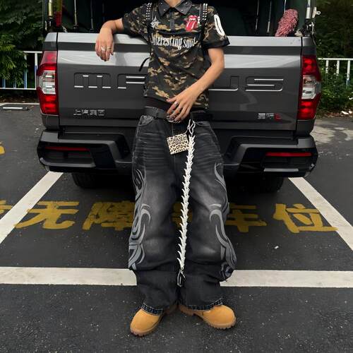 美式复古街头印花设计感牛仔裤男