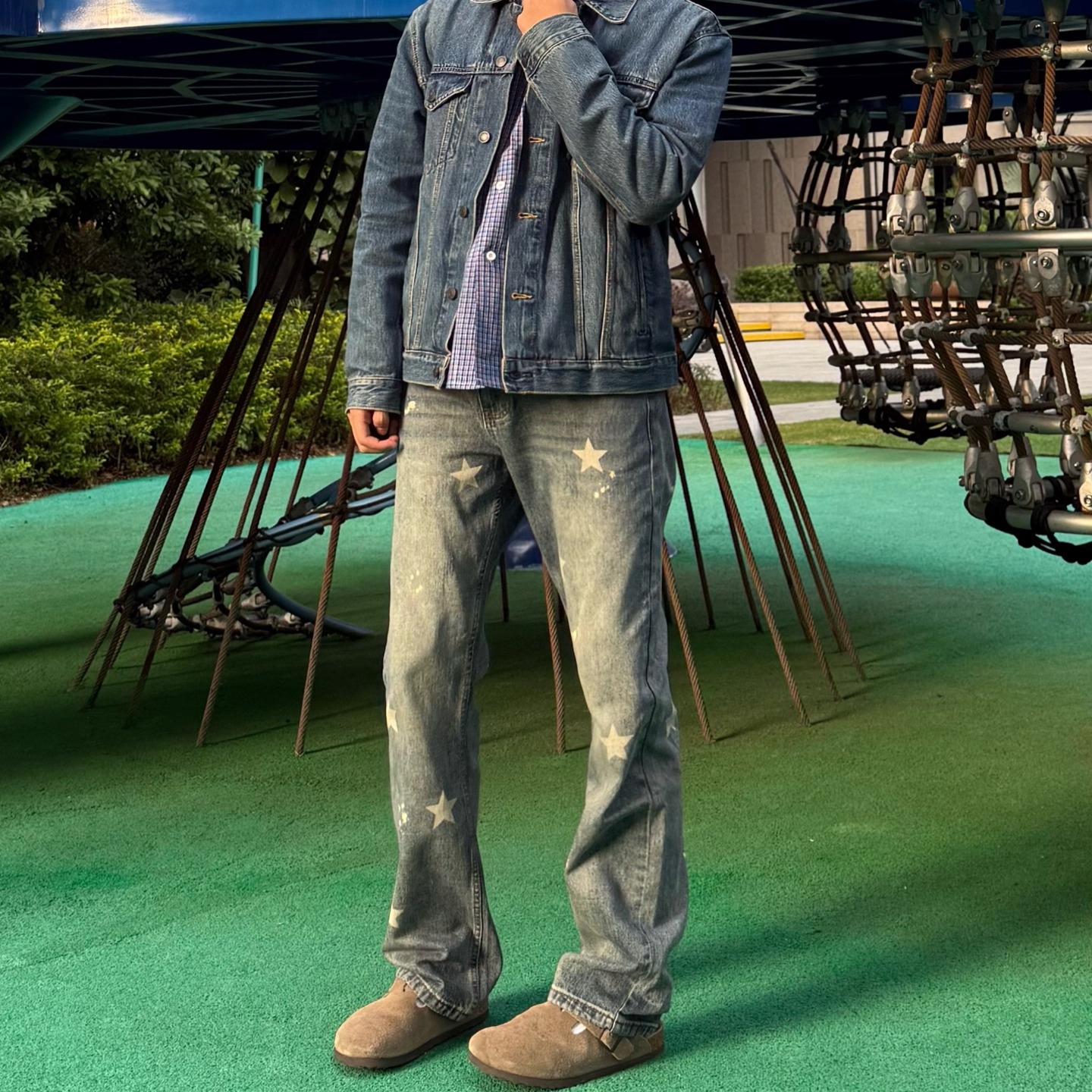 美式复古街头泼墨星星休闲牛仔裤男设计感vibe百搭修身显瘦长裤子