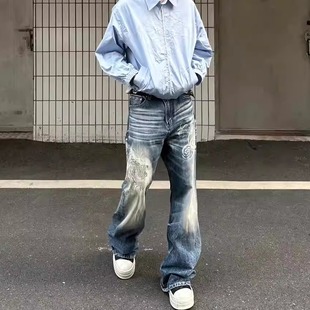 饰松弛垂坠感潮男阔腿牛仔长裤 美式 高街做旧渐变水洗工艺印花装