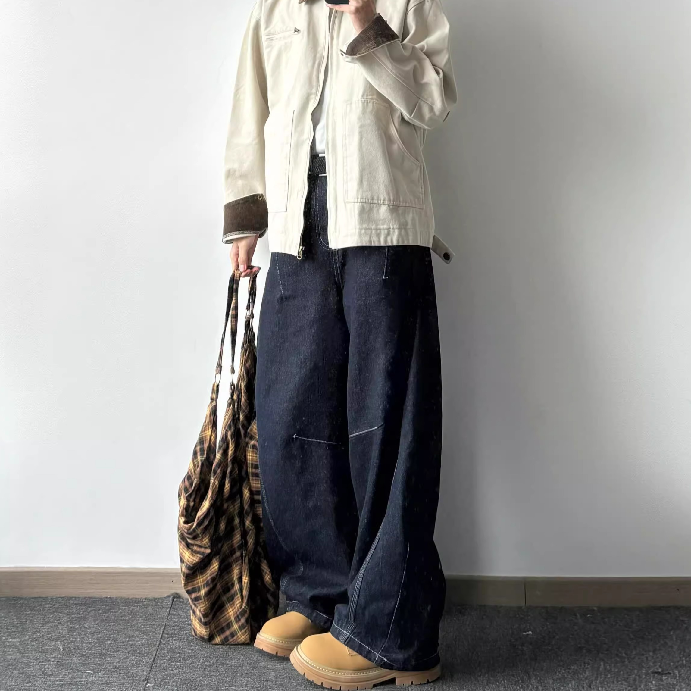 丹宁原牛复古结构宽松牛仔裤男日常百搭vibe风阔腿垂感拖地长裤子
