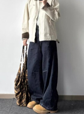 丹宁原牛复古结构宽松牛仔裤男日常百搭vibe风阔腿垂感拖地长裤子