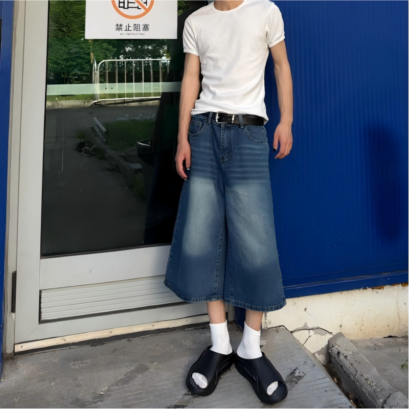 美式复古水洗七分阔腿牛仔裤男图片