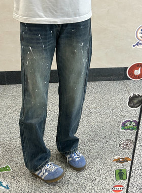 美式复古泼墨涂鸦日常休闲水洗百搭牛仔裤男vibe宽松直筒长裤子潮