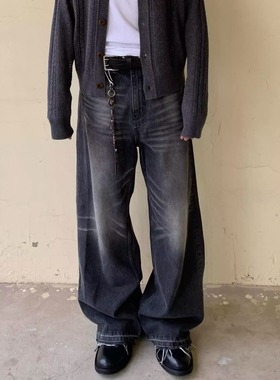 美式复古水洗黑色做旧猫须百搭牛仔裤男cleanfit阔腿宽松长裤子潮