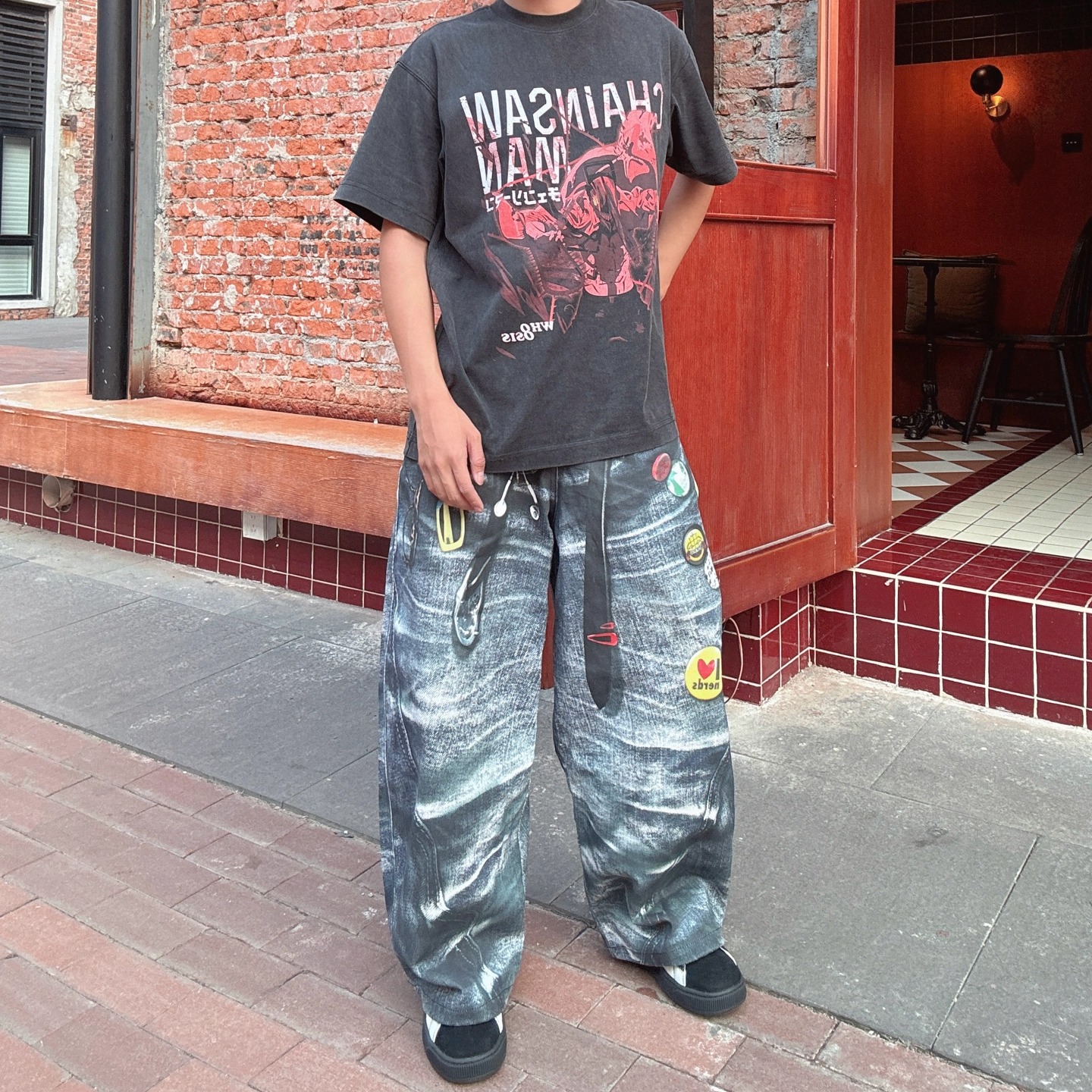 高街阔腿宽松3D打印双腰头设计感牛仔裤男小众弯刀宽松垂感长裤子