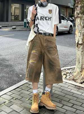 卡其色七分裤男2025夏季新款水洗做旧小众设计感直筒宽松牛仔短裤