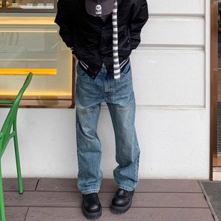 vibe百搭直筒长裤 男宽松修身 复古高街拼接解构线呈显瘦牛仔裤 美式