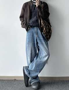 子oversize潮 男女水洗简约clean浅色裤 春秋款 宽松阔腿直筒牛仔裤