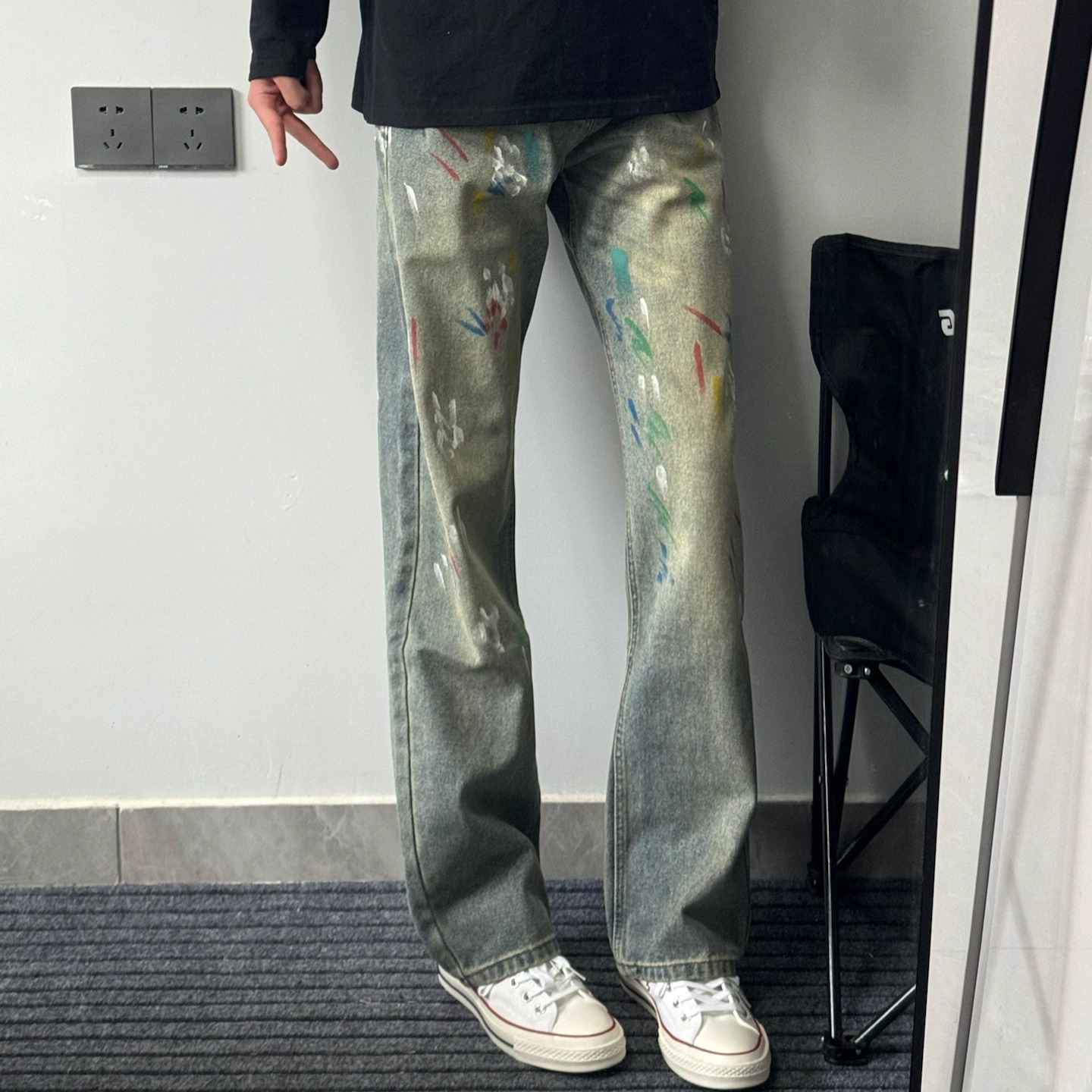 美式日常休闲泼墨彩虹色涂鸦设计感牛仔裤男女小众修身直筒长裤子