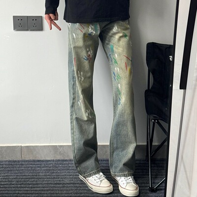 美式日常休闲泼墨彩虹色涂鸦设计感牛仔裤男女小众修身直筒长裤子