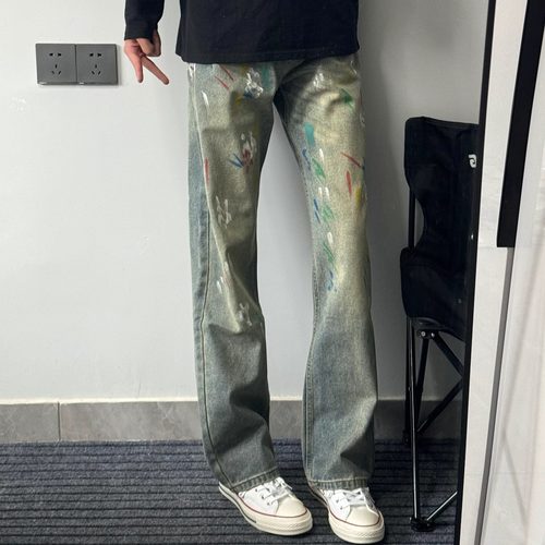 美式日常休闲泼墨彩虹色涂鸦设计感牛仔裤男女小众修身直筒长裤子