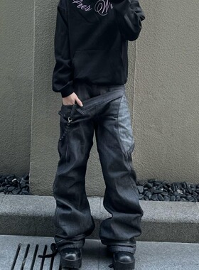 美式复古原牛双腰弯刀设计感牛仔裤男小众拼接假两件直筒长裤子潮