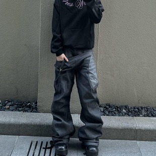 子潮 男小众拼接假两件直筒长裤 美式 复古原牛双腰弯刀设计感牛仔裤