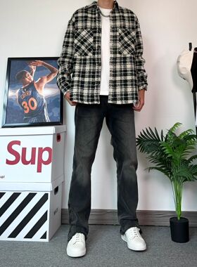 春秋欧美式vibe牛仔裤男直筒宽松黑色裤子百搭潮流高街堆积感水洗