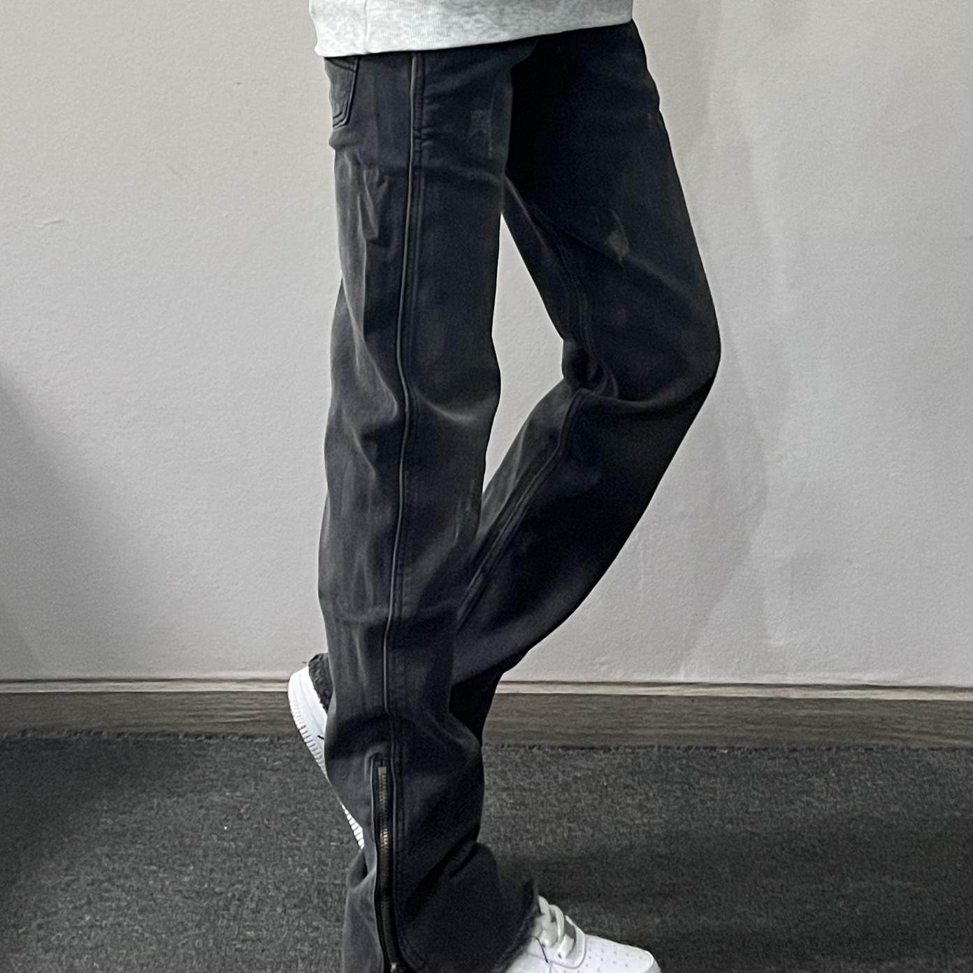 cleanfit复古水洗黑灰色直筒牛仔裤男潮款侧边拉链垂感阔腿拖地裤,男装,牛仔裤,淘宝优惠券,粉丝福利购,淘宝优惠卷