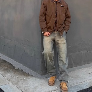 适配松弛垂坠感潮牛仔长裤 长做旧渐变水洗工艺四季 高街加长裤 美式