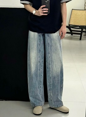 潮牌cleanfit复古日常水洗百搭牛仔裤男浅蓝色vibe阔腿垂感长裤子