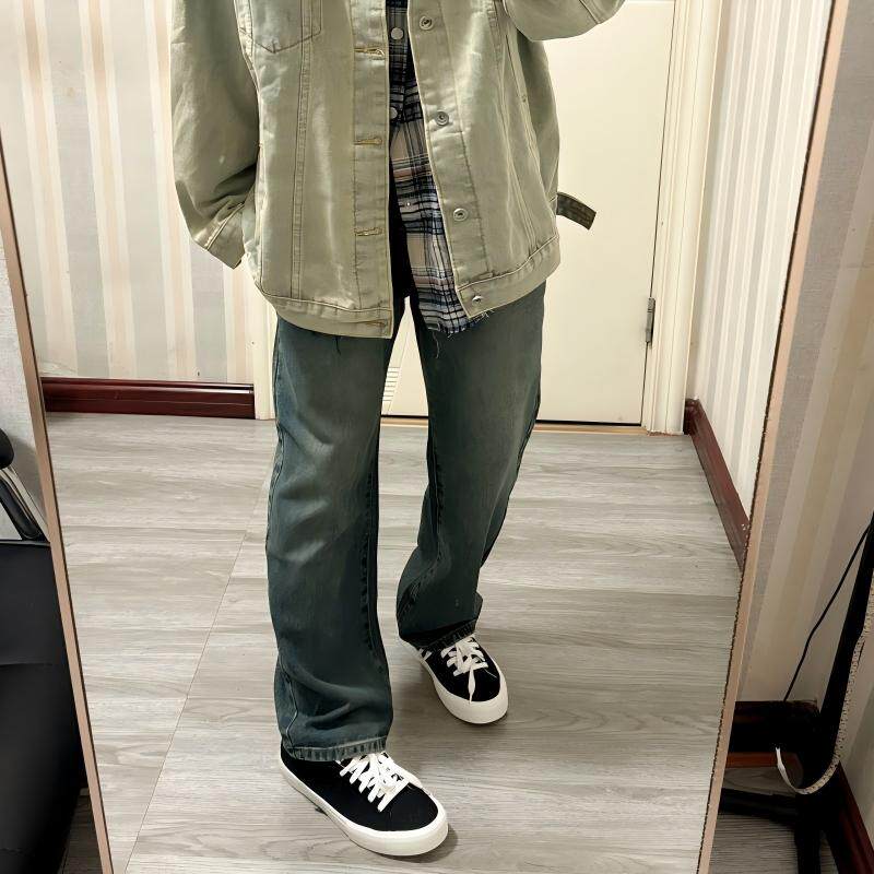 美式复古绿水洗直筒牛仔裤男女做旧深绿色宽松垂感休闲老爹长裤子
