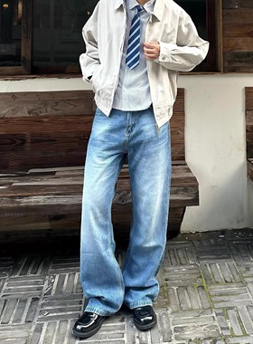 美式休闲日常复古水洗百搭牛仔裤男浅蓝色cleanfit宽松直筒长裤子