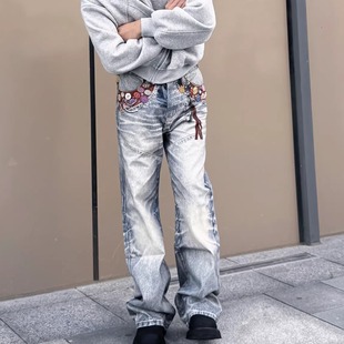 装 复古高街风潮流休闲裤 饰超宽松阔腿牛仔长裤 做旧水洗工艺彩扣装
