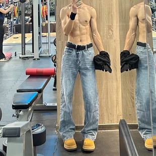 cleanfit直筒长裤 男宽松修身 子 复古日常做旧百搭竹节纹牛仔裤 美式