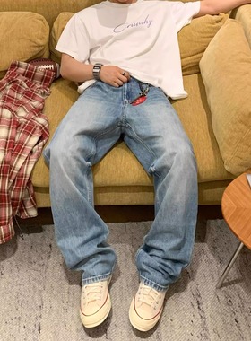 cleanfit日系水洗浅蓝色百搭宽松牛仔裤男日常休闲直筒垂感长裤子