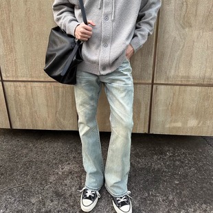 微喇长裤 男vibe显瘦修身 子潮 高街褶皱猫须纹理水洗宽松牛仔裤 美式