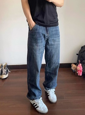 美式日常复古深蓝色慵懒风牛仔裤男cleanfit百搭宽松垂感长裤子潮