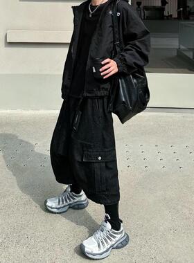 美式复古水洗黑色工装七分裤男潮流百搭宽松阔腿牛仔裤修身高级感