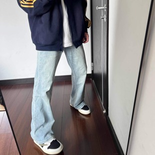 美式简约浅蓝色牛仔裤cleanfit春秋百搭裤子堆积感长裤男女同款潮