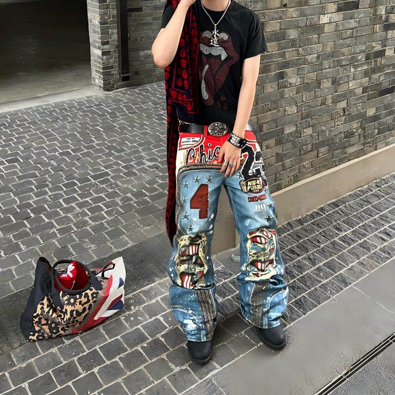 美式复古潮牌男牛仔裤个性印花拼接做旧破洞宽松直筒长裤潮流街头