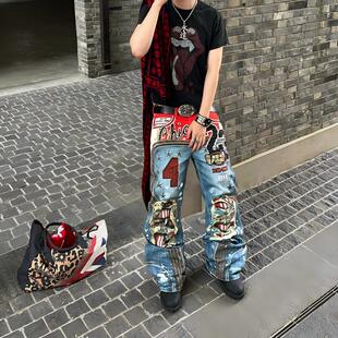 美式复古潮牌男牛仔裤个性印花拼接做旧破洞宽松直筒长裤潮流街头