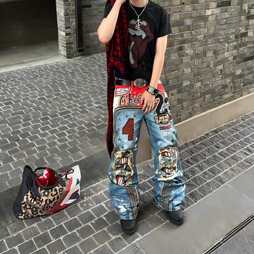 美式复古潮牌男牛仔裤