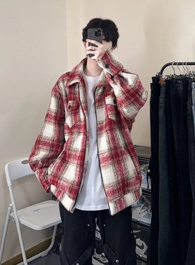 美式街头红色格子毛衣条纹夹克拉链上衣男高级感宽松百搭痞帅显瘦