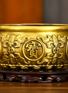 聚宝盆纯黄铜实心招聚客厅摆件复古八福店铺开业装饰存钱罐礼品