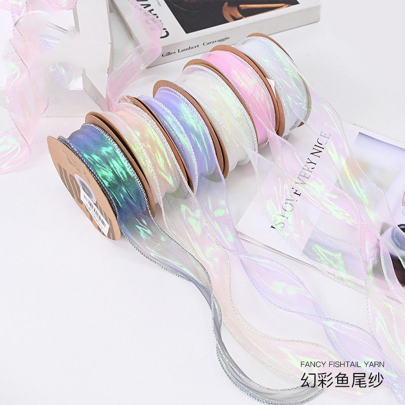 幻彩偏光色鱼尾纱丝带缎带纱带波浪鲜花包装材料花艺配饰diy辅料