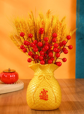 年宵花摆件招财猫客厅玄关布置红果发财果新居装饰仿真工艺品大麦