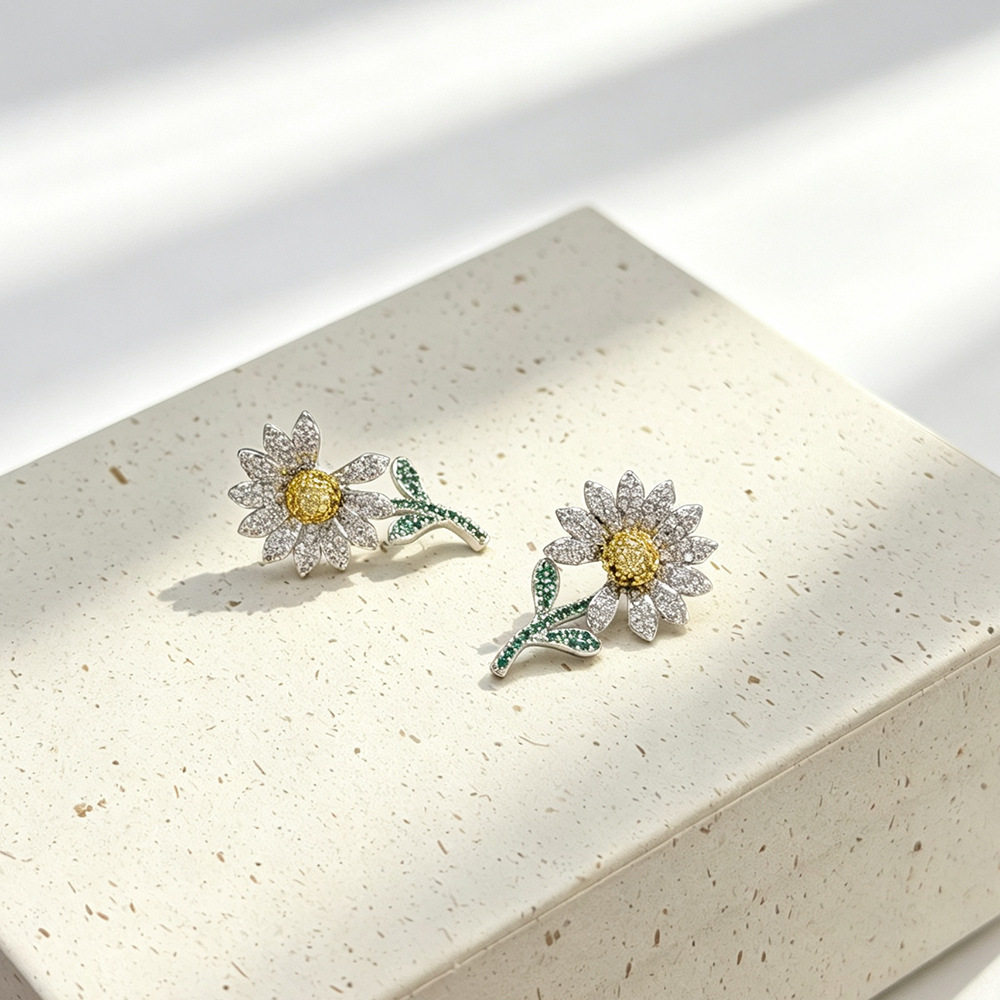 韩国感满钻镶石银色小雏菊耳环气耳环