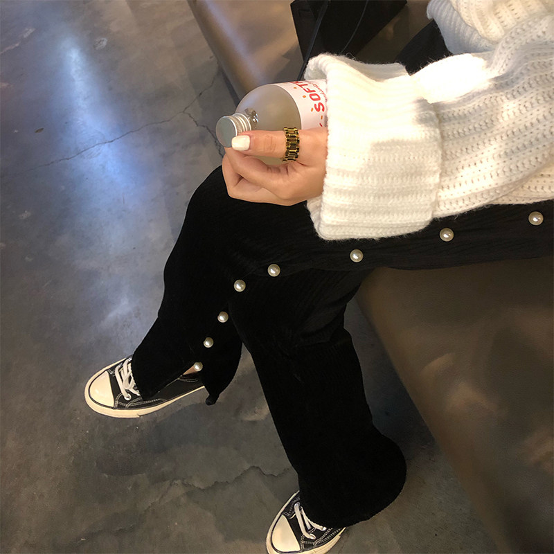 雨小琪珍珠ulzzang微喇裤显瘦灯芯绒拖地裤女弹力修身高腰休闲裤