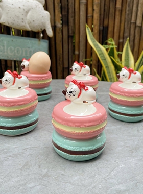 重工手绘釉下彩可爱猫咪马卡龙陶瓷蛋托鸡蛋盅小猫首饰收纳摆件