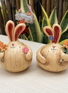 树下盒一对入美式复古乡村仿木纹胖胖兔摆件家居店铺装饰工艺摆设