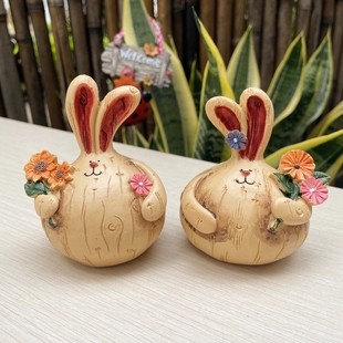 树下盒一对入美式复古乡村仿木纹憨憨胖兔摆件家居店铺装饰摆设