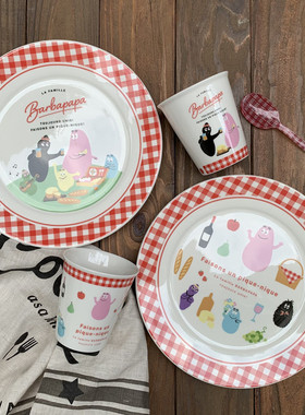 巴巴爸爸一家野餐系列陶瓷餐盘可爱红色格子卡通圆盘水杯耐高温