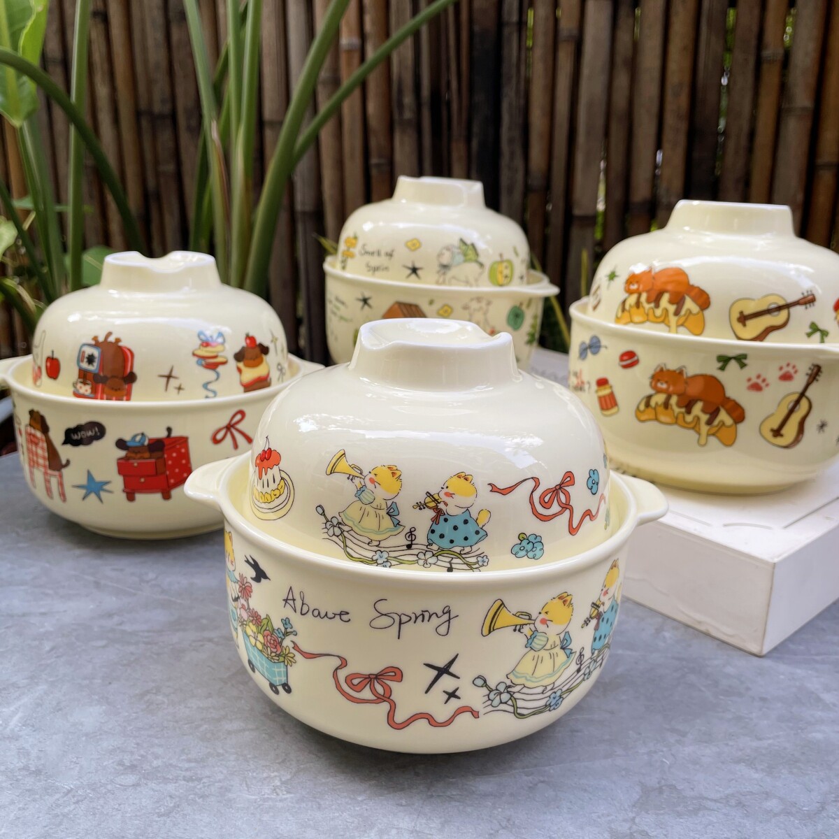 树下盒日式卡通可爱小猫带盖泡面碗奶油色早餐碗耐高温陶瓷碗学生